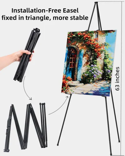 Miniatura 4 de Nicpro Caballetes plegables artísticos para exhibición, paquete de 2 caballetes de metal de 63 pulgadas, trípode negro plegable para carteles