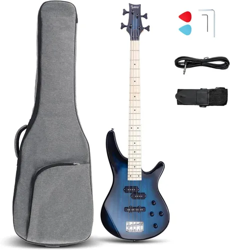 Miniatura 12 de GLARRY Bajo Guitarra Tamaño Completo de 4 Cuerdas, Bajo Exquisito y Elegante con Bolsa para Guitarra, Cable y Llave (Azul, Con AMP)