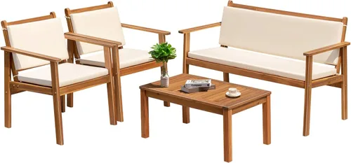 Miniatura 9 de Greesum Juego de 3 sillas de chat para exteriores con cojines resistentes al agua y mesa auxiliar para playa, patio trasero, jardín, beige Blanco