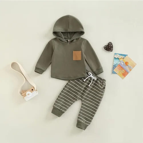Miniatura 99 de Ropa de bebé niño 3 6 9 12 18 24M 3T Conjunto de pantalones con capucha patchwork sudadera con capucha pantalones de rayas traje de otoño invierno