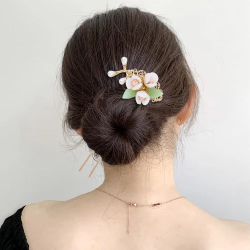 Miniatura 3 de inSowni 5 piezas vintage retro tradicional asiático chino Hanfu perla verde jade flor de pelo peines laterales diapositivas de metal horquillas