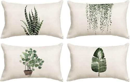 Miniatura 16 de Juego de 4 fundas de almohada decorativas de plantas verdes de 16 x 16 pulgadas, decoraciones de verano, fundas de almohada cuadradas de lino