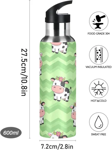 Miniatura 9 de Stainless Steel Vacuum Insulated Water Bottle 20 Oz, Leakproof Water Bottles for Gym Outdoor Travel School, Cute Cartoon Cows Green