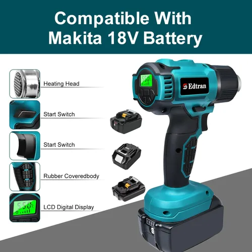 Miniatura 5 de Pistola de calor inalámbrica para batería Makita de 18V, pistola de aire caliente de 350W con calentamiento rápido de 122℉ a 1022℉ con pantalla LCD