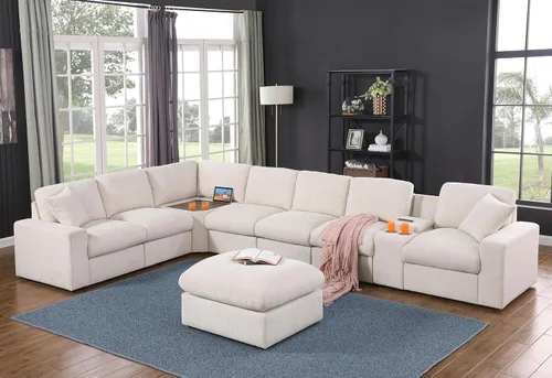 Miniatura 31 de Ball & Cast Sofá modular en forma de L de 127 pulgadas con otomana móvil y 6 cojines, sofá tapizado de felpilla de 7 asientos con 2 portavasos