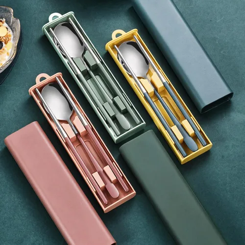 Miniatura 3 de Muka Juego de 3 utensilios portátiles personalizados, palillos de acero inoxidable, tenedor, cuchara de viaje con logotipo personalizado y nombre