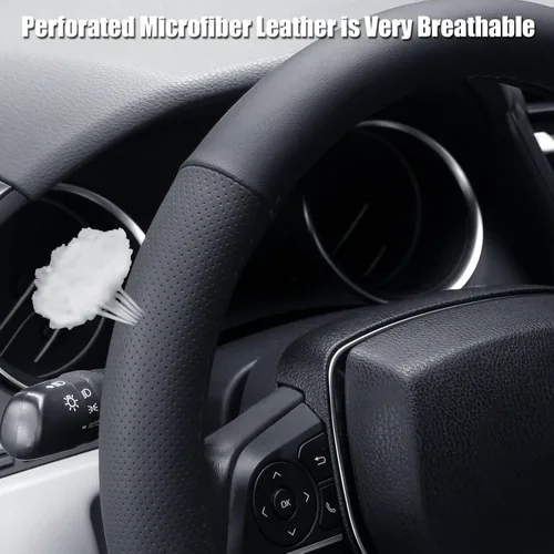 Miniatura 4 de Funda para Volante de Tamaño Estándar 14.5-15 Pulgadas, Protector Antideslizante para Volante de Coche, de Cuero de Microfibra Transpirable, Negro