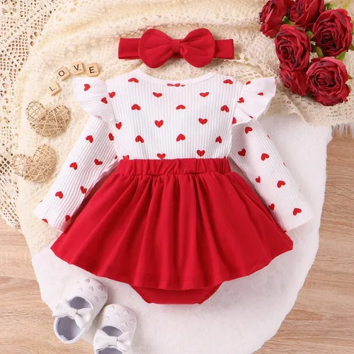 Miniatura 2 de VISGOGO Mameluco para el día de San Valentín para niña pequeña, con volantes, manga larga, estampado de corazón, con diadema