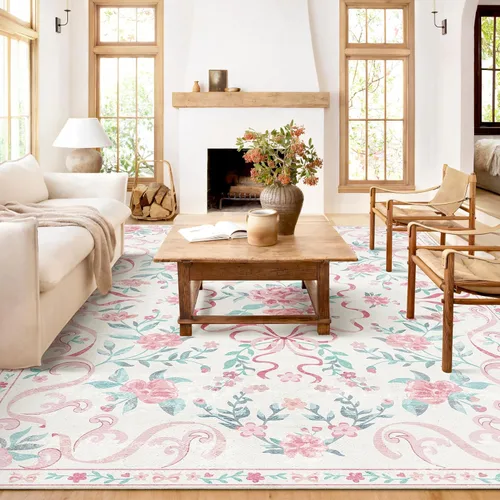 Miniatura 16 de Alfombra de área de 5 x 7 pies para sala de estar, alfombra verde boho antideslizante lavable, alfombra vintage de pelo bajo, alfombra grande