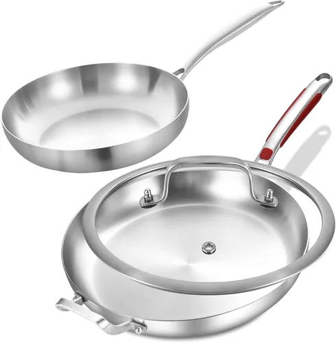 Miniatura 9 de Inqibee Sartén grande de acero inoxidable de tres capas de 14 pulgadas con tapa, sartén grande con mango auxiliar, cocina jumbo, bandeja