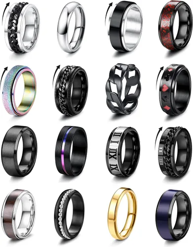 Besteel Juego de 16 anillos giratorios de acero inoxidable para hombres y mujeres, anillos para aliviar el estrés y la ansiedad, color negro, para