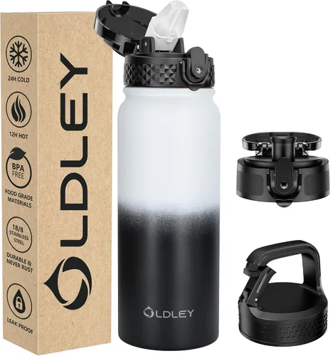 Miniatura 49 de Botella de agua aislada Oldley de 12 oz con pajita, botella de agua de acero inoxidable con 2 tapas, botellas de doble pared con vacío para adultos