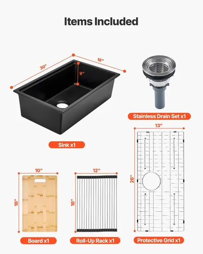 Miniatura 3 de VEVOR Fregadero de cocina de 33 pulgadas, fregadero de granito de montaje superior, lavabo de granja de un solo tazón con múltiples accesorios