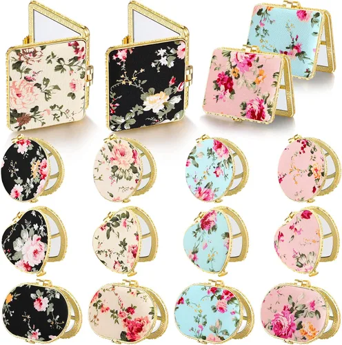 Blulu 16 Piezas Espejos Compactos para Bolso a Granel Espejo de Bolsillo Pequeño con Flores Vintage Portátil Floral Plegable Favores de Fiesta de Té