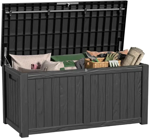Miniatura 43 de Caja de cubierta para exteriores de 120 galones, cajas de almacenamiento impermeables con cerradura para herramientas de jardín, cojines de Gris
