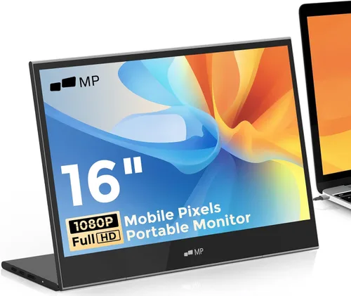 Monitor portátil Mobile Pixels Glance, monitor FHD 1080P de 16 pulgadas, monitores de viaje con altavoces duales, ajuste de inclinación y