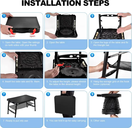 Miniatura 6 de KPR Juego de mesa plegable y taburete retráctil, mesa plegable portátil para camping, ligera pero más resistente, con taburete ajustable para picnic