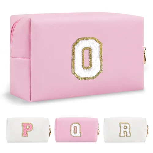 Miniatura 319 de Pequeña bolsa de maquillaje personalizada con inicial A-Z Preppy Patch, bolsa de cosméticos de viaje de felpilla blanca con cremallera, bonita bolsa