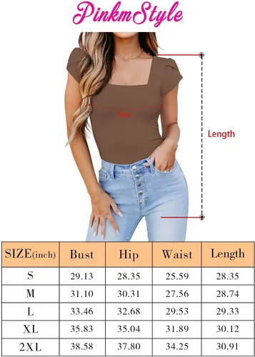 Miniatura 7 de PINKMSTYLE Body de manga corta con cuello cuadrado para mujer, camiseta básica casual de verano