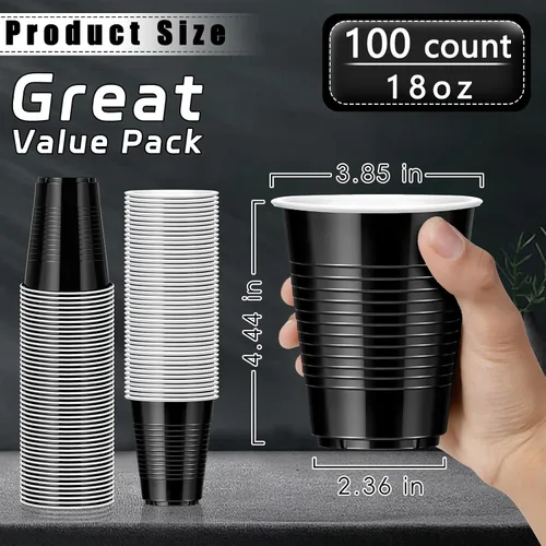 Miniatura 5 de Paquete de 100 vasos de plástico negros de 18 onzas, vasos desechables de alta resistencia para fiestas, vasos de graduación para bodas, cumpleaños