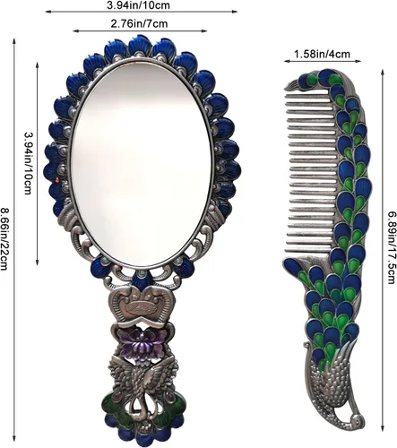 Miniatura 2 de Rayberro Espejo de mano vintage con juego de peine, espejo de mano vintage de pavo real en relieve metálico, espejo de maquillaje para la cara