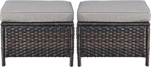 Belord Juego de 2 taburetes otomanos de mimbre de ratán para todo tipo de clima, con cojines suaves para muebles de patio Cojín de mimbre marrón/gris