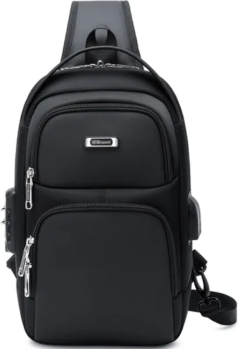 DUSLANG Mochilas cruzadas de senderismo para hombres, mochila de hombro con puerto de cargador USB, Negro-b, Mediana, Mochilas Sling