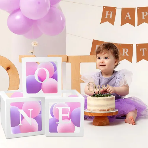 Miniatura 5 de Decoraciones de primer cumpleaños, 3 cajas de globos para niña o niño, bloques transparentes, decoraciones de fiesta de Pascua