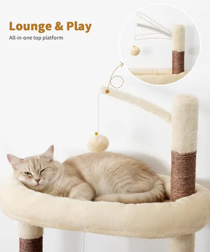 Miniatura 5 de PMT04BW - Árbol resistente para gatos de interior, torre para gatos de 74 pulgadas con poste rascador, cesta colgante, condominio para gatos