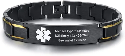 Miniatura 19 de VNOX Pulsera ajustable de acero inoxidable cepillado de 2 tonos con grabado personalizado gratis, identificación de alerta médica, unisex