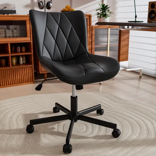 Miniatura 12 de Silla de escritorio sin brazos de cuero marrón, cojín ergonómico suave, altura ajustable, balanceo, oficina en casa