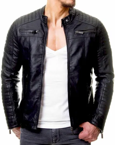 Chaqueta clásica de cuero de motociclista para hombre, color negro, retro, auténtica, ajustada, para motociclista, color negro