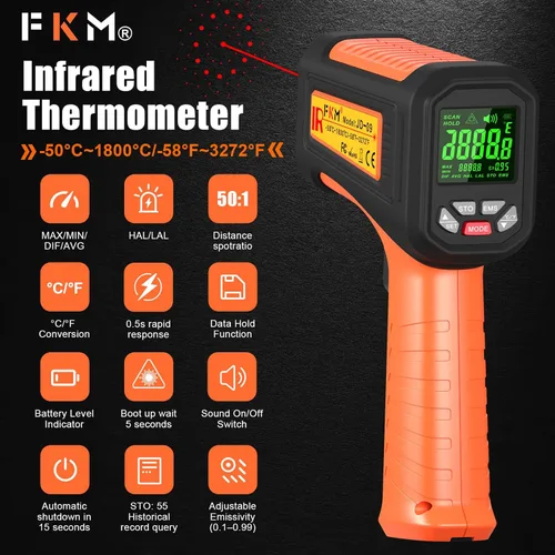 Miniatura 2 de Pistola de Temperatura Infrarroja FKM Termómetro de Alta Temperatura 50:1 -58°F ~3272°F, Pistola de Temperatura Digital sin Contacto, Pistola