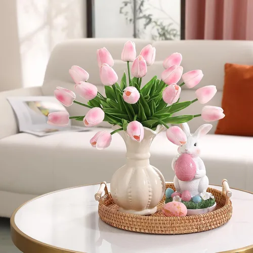 Miniatura 4 de 30 tulipanes artificiales de poliuretano, tulipanes falsos de tacto real rosa para el día de San Valentín, primavera, Pascua, hogar, cocina