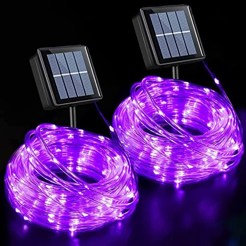 Miniatura 12 de QITONG Paquete de 2 luces solares verdes, cada cadena de 100 luces LED de 33 pies para exteriores, 8 modos de luces de hadas en tubo de PVC