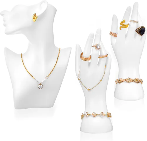 Juego de 3 piezas de exhibición de maniquí de joyería, soporte de busto de PVC blanco con 2 exhibiciones de mano para collares, aretes, pulseras y