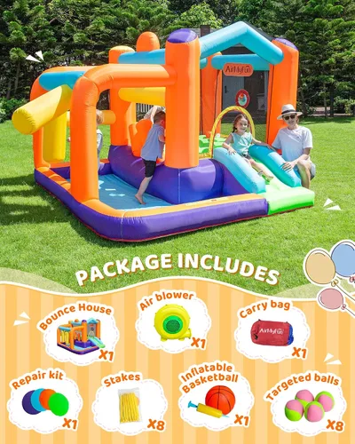 Miniatura 6 de Casa inflable para rebotar, casa de rebote de doble diapositiva para niños grandes, castillo de salto de osos 6 en 1 con soplador 450, cojín