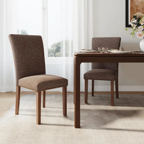 Miniatura 29 de Juego de 2 sillas de comedor de granja, respaldo alto con patas de madera y ribete de cabeza de clavo, silla de comedor de tela moderna