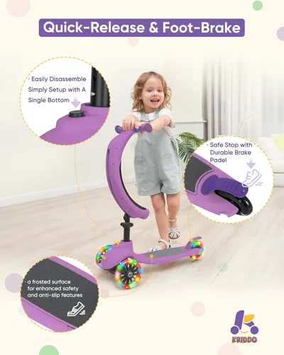 Miniatura 6 de KRIDDO - Patinete 3 en 1 para niños de 1 a 5 años, patinete plegable con 3 ruedas iluminadas, tabla ancha, altura ajustable, manillar para aprender
