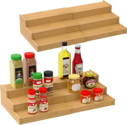 Miniatura 9 de Lenwi Organizador de estante de especias para gabinete, de bambú expandible de 3 niveles, ideal para gabinete de cocina, armario, despensa y más