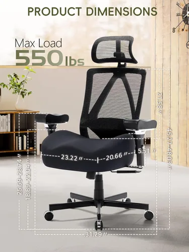 Miniatura 3 de Silla de oficina grande y alta de 550 libras, silla de escritorio ergonómica con cojín grueso en W y reposabrazos 4D, silla de escritorio de malla