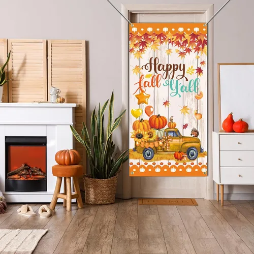 Miniatura 2 de SENSEVEN Cartel de puerta con texto en inglés "Happy Fall Y'all", cartel grande de bienvenida para el porche de Acción de Gracias, decoración