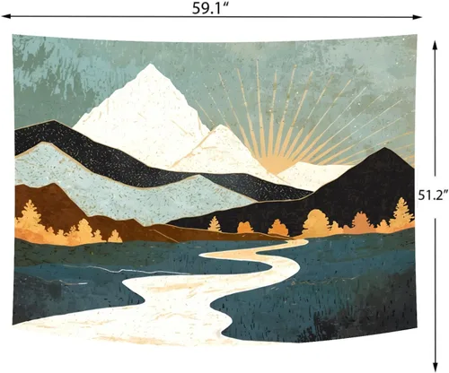 Miniatura 6 de Delur Tapiz Boho de Montaña con Puesta de Sol, Tapiz de Paisaje Natural de Bosque y Árbol para Colgar en la Pared, Tapiz Abstracto Psicodélico