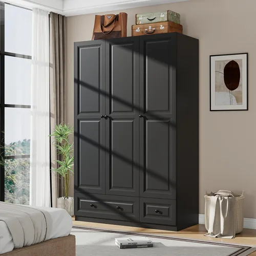 Armario Armario con cajones: Armario de madera alto negro de 74 pulgadas para colgar ropa, Armarios grandes para dormitorio con 2 cajones, armario