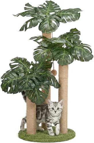 LEMONDA Poste rascador para gatos de 31.5 pulgadas, árbol rascador para gatos con 3 postes rascadores y 2 bolas interactivas colgantes, postes