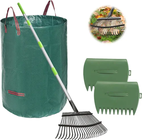 JOYHALO Rastrillo de 65 pulgadas para hojas, juego de rastrillo de hojas de metal de 25 dientes con bolsas de hojas de 32 galones, cucharas,
