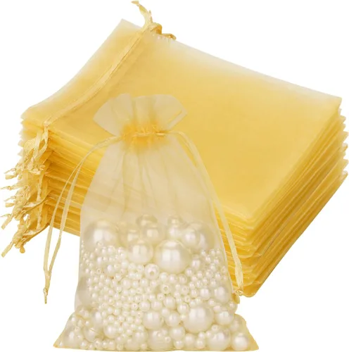 Joycraft 50 bolsas de organza, bolsas de tul transpirables doradas de 4 x 6 pulgadas con cordón, bolsa de malla transparente para recuerdos de boda,