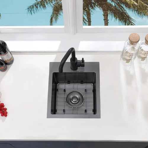 Miniatura 2 de Fregadero de barra negro gunmetal de 13x15 pulgadas, fregadero de cocina pequeño de montaje superior para RV, fregadero de barra húmeda hecho a mano