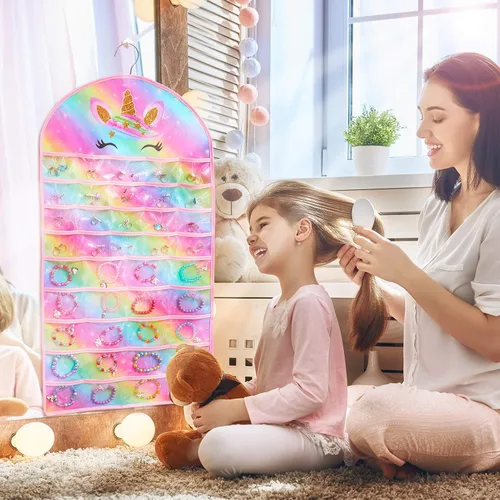 Miniatura 2 de FIOBEE Organizador de joyas colgante para niñas, soporte de almacenamiento de joyas de unicornio con colgador para niños, aretes, collar, pulsera