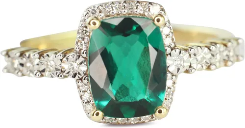 Anillo moderno de piedra natal moderna de esmeralda de 10 quilates, oro amarillo de 15 diamantes Cttw y corte cojín creado en color verde colombiano